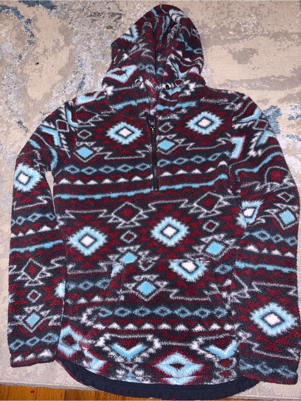 Aztec-Pattern Half-Zip Hooded Sweater in Burgundy and Light Blue